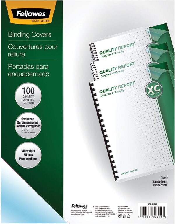 Fellowes Binding Cover Clr 8.5x11 Pk/100